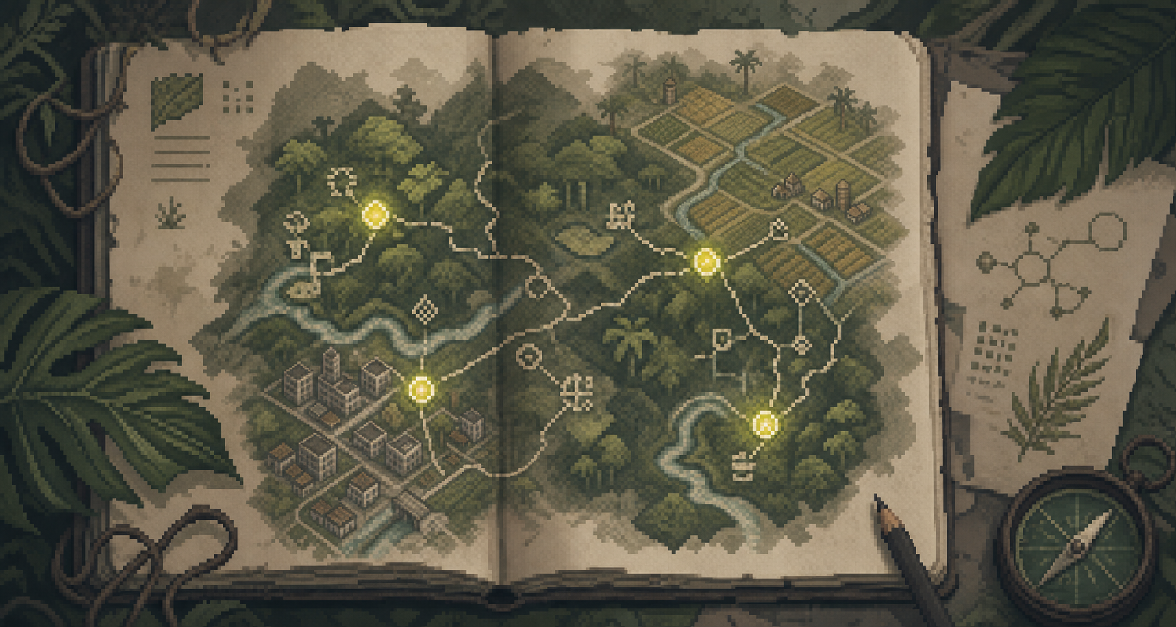 Original pixel-style jungle field map with connected research markers